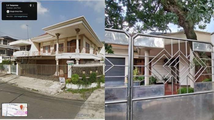 JURAGAN EMAS - (kiri) Penampakan rumah yang digeledah Bareskrim dari google street view. (kanan) Rumah milik pemilik Toko Emas Semar yang berlokasi di Jalan Diponegoro, Kelurahan Payaman, Nganjuk, Jawa Timur, tampak sepi pasca penggeledahan, Sabtu (21/2/2026).