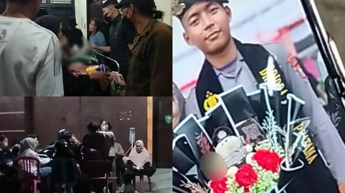 BRIPDA DP - Kolase foto semasa hidup Bripda DP (19) (kanan) dan suasana di depan Ruang Forensik Dokpol Biddokkes Polda Sulsel, Jalan Kumala, Kecamatan Tamalate, Kota Makassar, tempat jenazah diautopsi, Minggu (22/2/2026) malam (kiri). Polisi sedang memeriksa polisi yang berada di lokasi kejadian.