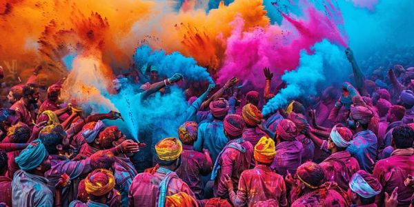 This may contain: many people are covered in colored powder and throwing them into the air with their hands