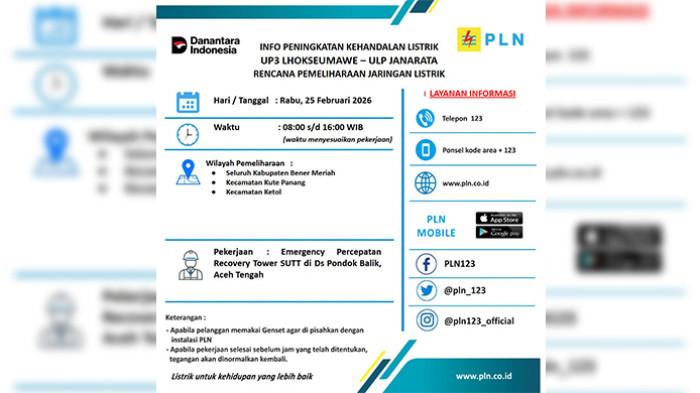 Seluruh wilayah Kabupaten Bener Meriah dijadwalkan mengalami pemadaman listrik