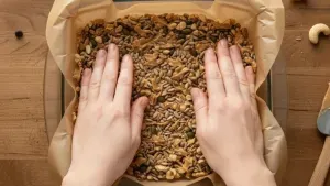 Hands pressing nut and seed mixture into lined baking dish.