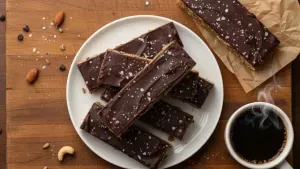 Plate of dark chocolate sea salt nut bars with coffee.