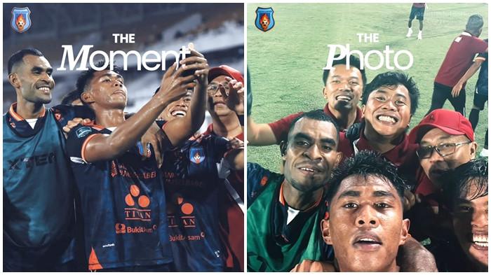 KAHAR AJAK SELFI - Kahar Kalu Muzakkar usai mencetak gol kemenengan Sumsel United, melakukan selebrasi dengan mengajak pemain berfoto selfi usai mengalahkan Garudayaksa FC dengan skor 1-0 di laga pekan ke-20, Minggu (22/2/2026) malam di Stadion Gelora Sriwijaya Jakabaring, Palembang