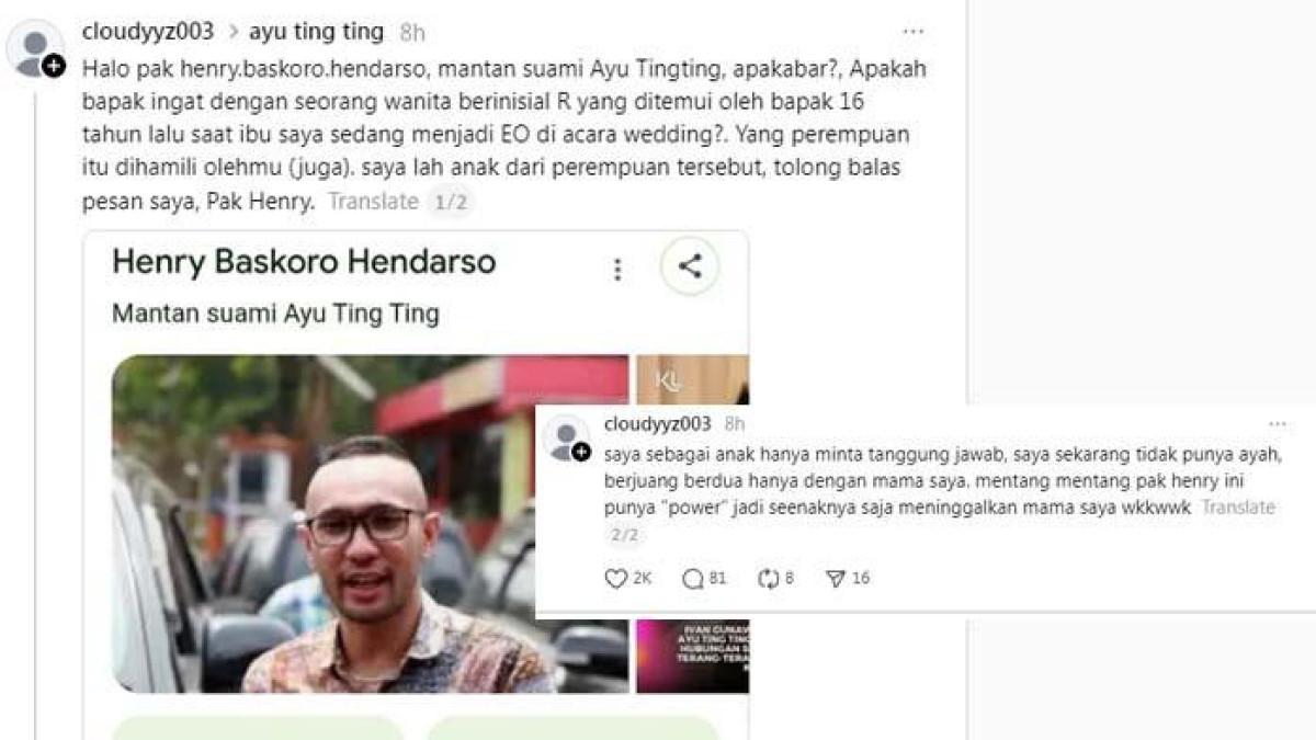 ENJI MANTAN SUAMI AYU TING TING: Viral sebuah akun di thread memviralkan kisah ibunya diduga dihamili Enji mantan suami Ayu Ting Ting. Netizen syok tahu usia pemilik akun itu.
