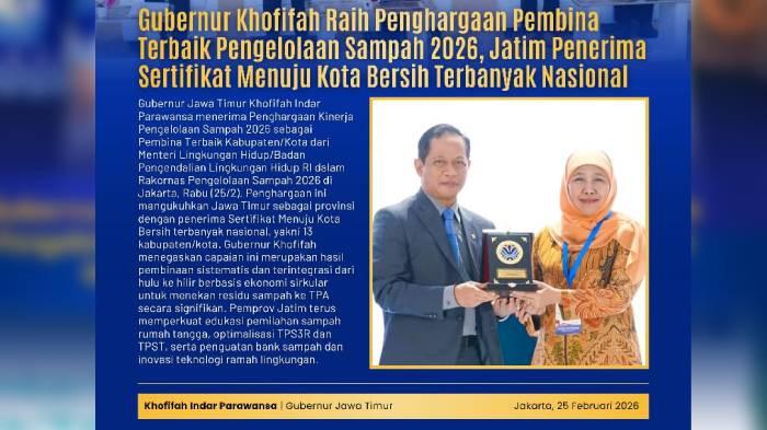 Gubernur Jatim Khofifah penghargaan pengelola sampah tahun 2026