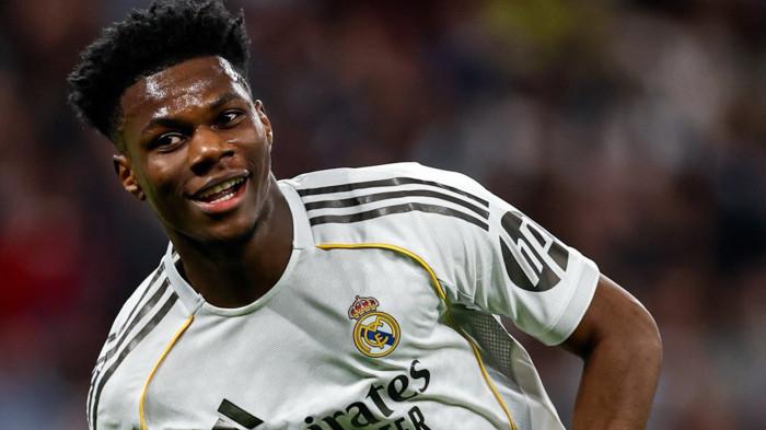 SELEBRASI - Pemain Real Madrid, Aurelien Tchouameni mencetak gol ke gawang Benfica dalam pertandingan playoff 16 besar Liga Champions di Stadion Santiago Bernabeu, Kamis (26/2/2026).