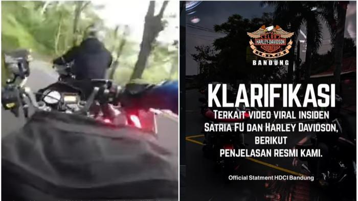 VIRAL MOGE AROGAN - (Kiri) Tangkap layar video dari akun Facebook @Asep Saepul yang memperlihatkan aksi ugal-ugalam moge hingga membuat pengendara Satria FU celaka di Cianjur, Jawa Barat, pada Minggu, 08 Februari 2026 dan (Kanan) Klarifikasi dari Harley Davidson Club Indonesia (HDCI) Bandung.