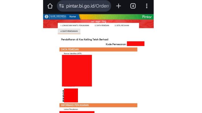 PENUKARAN UANG BARU - Dokumentasi pribadi, diunggah pada Senin (23/2/2026), memperlihatkan halaman pemesanan penukaran uang baru BI 2026.