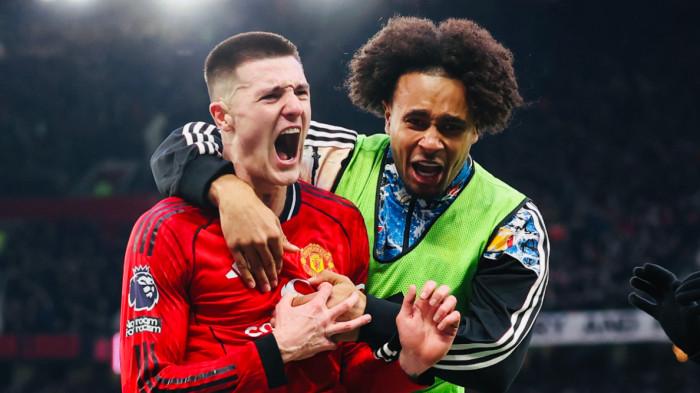 SELEBRASI - Selebrasi penyerang Manchester United, Benjamin Sesko (kiri) setelah mencetak gol penyelamat kemenangan Setan Merah atas Fulham pada pekan ke-24 Liga Inggris di Old Trafford, Minggu (1/2/2026) malam WIB. Manchester United menang dramatis 3-2.