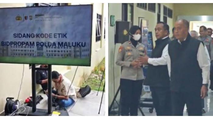 BRIMOB ANIAYA SISWA - NK (15) menggunakan kursi roda menghadiri sidang etik oknum Brimob penganiaya adiknya (kiri) dan Bripda Masias Siahaya memasuki ruang sidang etik di Mapolda Maluku, Senin (23/2/2026). Suasana sidang etik kasus kekerasan yang menewaskan seorang siswa di Kota Tual mencekam dan NK (15), kakak korban yang juga cedera, hadir memberikan kesaksiannya selama tiga jam.
