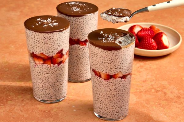 Recipe image of Chocolate-Strawberry Chia Pudding. Credit: Photographer: Robby Lozano, Food Stylist: Amanda Holstein, Prop Stylist: Abby Armstrong.