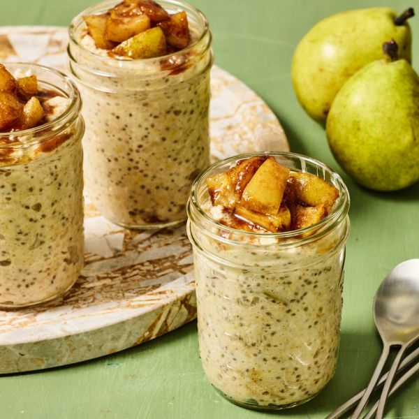 A recipe image of Cinnamon-Pear Overnight Oats. Credit: Photographer: Morgan Hunt Ward, Prop Stylist: Phoebe Hauser, Food Stylist: Emily Nabors Hall.