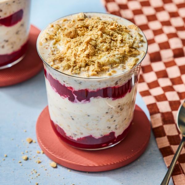 an image of the Cranberry Cheesecake Overnight Oats Credit: Photographer: Greg DuPree, Food Stylist: Chelsea Zimmer, Prop Stylist: Abby Armstrong