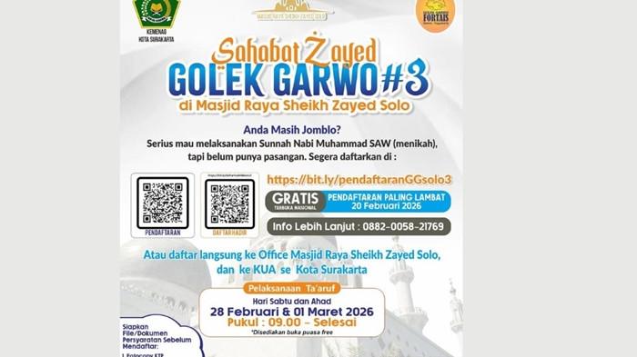 CARI JODOH - Masjid Raya Sheikh Zayed kembali menggelar Golek Garwo #3 pada Sabtu-Minggu (28-29/2/2026). Dari batch 1 dan 2, tercatat ada 43 pasangan yang berhasil melanjutkan ke jenjang pernikahan