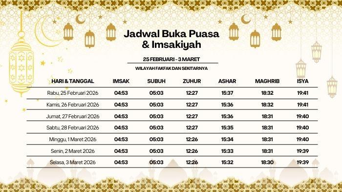 JADWAL PUASA - Jadwal imsak untuk wilayah Fakfak, Papua Barat pada Ramadhan 1447 H,