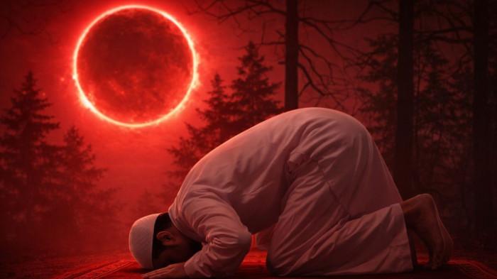SHOLAT GERHANA- Ilustrasi sholat gerhana bulan yang dianjurkan dalam Islam berdasarkan hadis.