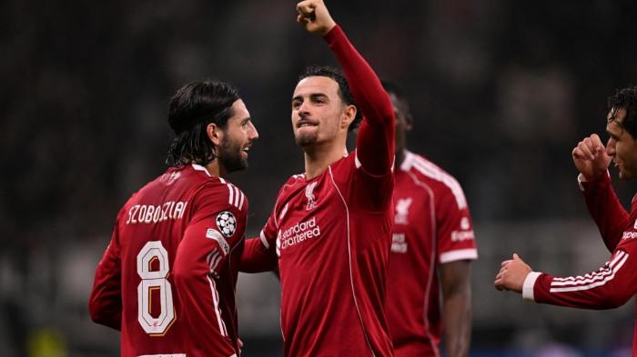 SELEBRASI LIVERPOOL - Para pemain Liverpool merayakan kemenangan 5-1 dari Eintrach Frankfurt di Deutsche Bank Park pada matchday ketiga fase grup Liga Champions 2025/2026, Kamis (23/10/2025). (Website Liverpool - 23/10/2025)