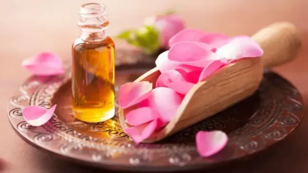 essential oil beside rose petals
