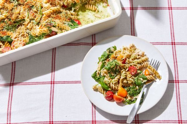 a recipe photo of the Pesto Tuna Noodle Casserole Credit: Photographer: Grant Webster, Food Stylist: Holly Dreesman, Prop Stylist: Lexi Juhl