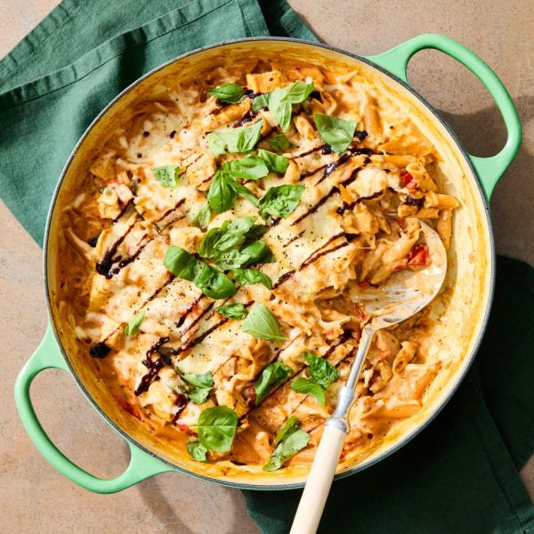 an image of the Skillet Caprese Chicken Pasta Bake Credit: Photographer: Jacob Fox, Prop Stylist: Gabriel Greco, Food Stylist: Sammy Mila