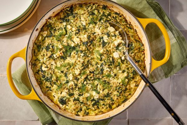 an image of the Spinach, Feta & Rice Casserole Credit: Photographer: Jen Causey, Food Stylist: Emily Nabors Hall, Prop Stylist: Priscilla Montiel