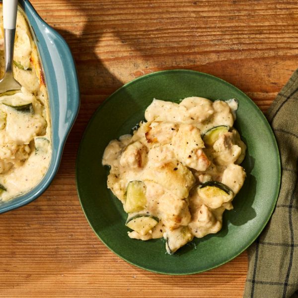 a recipe photo of Creamy Chicken & Zucchini Casserole Credit: Photographer: Victor Protasio, Food Stylist: Chelsea Zimmer, Prop Stylist: Hannah Grennwood.