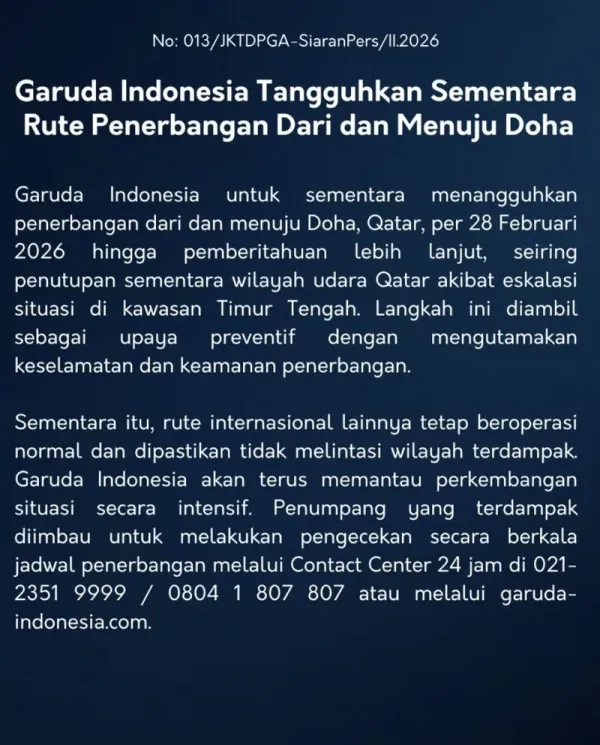 Tangkapan layar pengumuman Garuda Indonesia membatalkan penerbangan dari dan ke Doha.