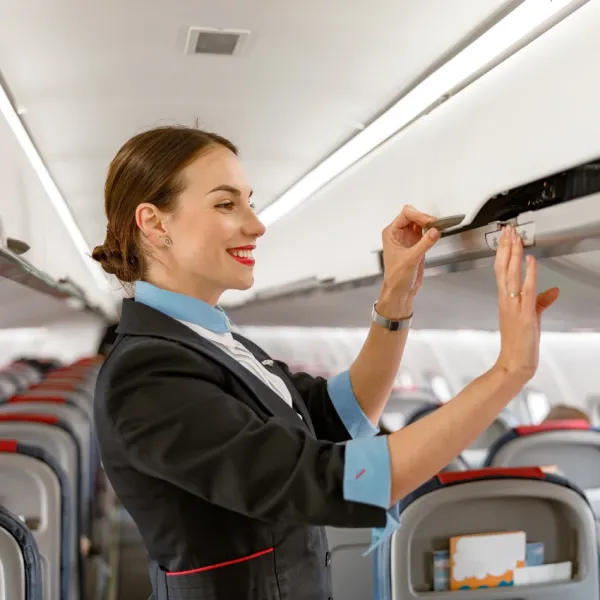 female flight attendant closing overhead bin