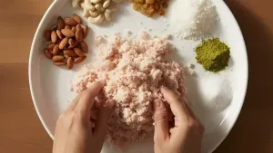 Mixing coconut and dry fruits filling