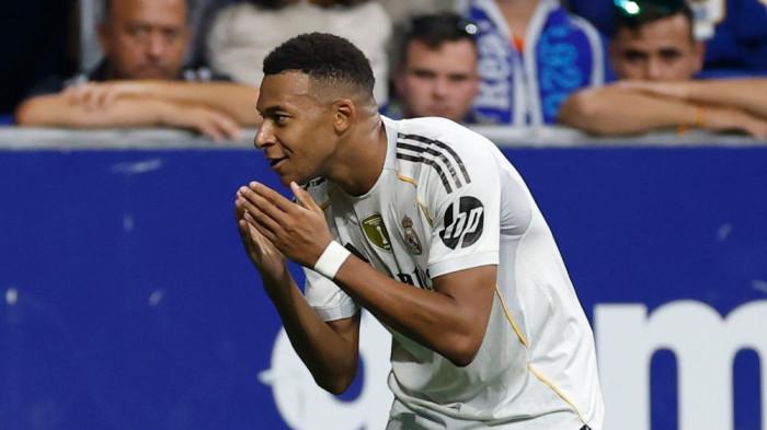 SELEBRASI - Selebrasi penyerang Real Madrid, Kylian Mbappe saat melawan Real Oviedo di Stadion Carlos Tartiere pada pekan kedua Liga Spanyol, Senin (25/8/2025) dini hari WIB.