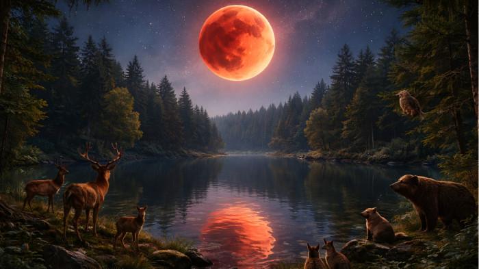 FENOMENA LANGIT- Ilustrasi fenomena langit gerhana bulan total yang memancar dari tengah danau di dalam hutan. Tampak satwa di dalam hutan berkumpul di pinggiran danau.