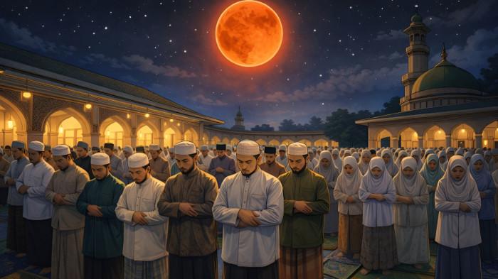 SHOLAT KHUSUF- Ilustrasi umat Islam saat melaksanakan sholat khusuf, shalat sunnah ketika melihat gerhana bulan.