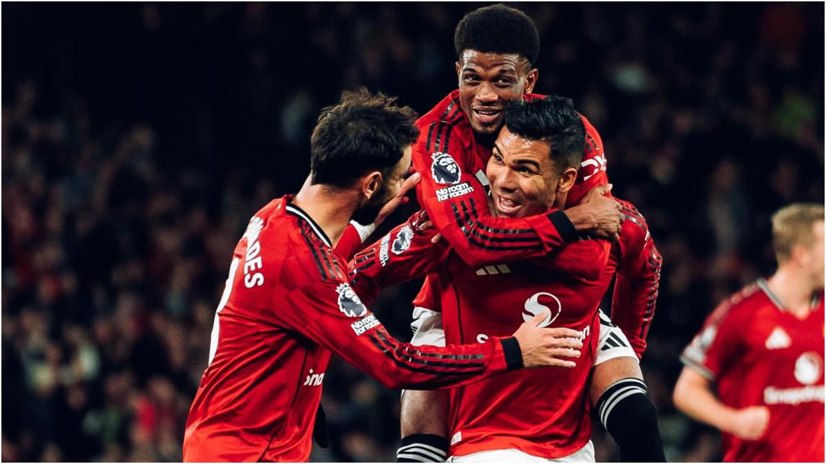 SELEBRASI PEMAIN MANCHESTER UNITED - Potret selebrasi pemain Manchester United di ajang Liga Inggris pekan ke-9 musim 2025/2026 kontra Brighton & Hove Albion, Sabtu (25/10/2025).