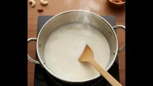 Boil full-cream milk in a heavy-bottomed pan over medium heat, stirring continuously to prevent it from sticking to the bottom.