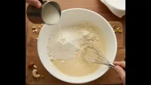 In a bowl, mix flour, semolina, and khoya, then add milk gradually to make a smooth batter and rest it for 10–15 minutes.