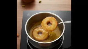 Soak the hot fried malpua in the sugar syrup for 1–2 minutes so it absorbs the sweetness.