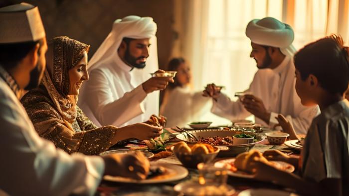 BUKA PUASA- Ilustrasi keluarga sederhana tengah menjalankan ibadah buka puasa di rumah dengan penuh kehangatan.