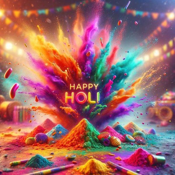 This may contain: colorful powder exploding in the air with happy holi written on it