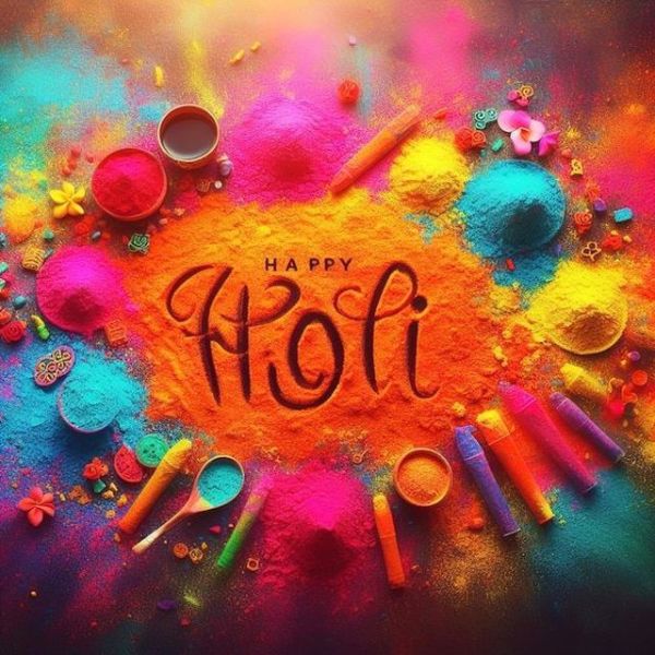 This may contain: happy holi written in the middle of colorful powders and spoons on a table