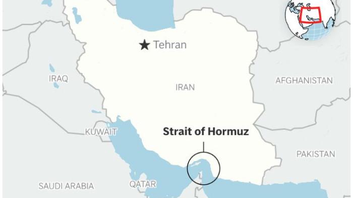 SELAT HORMUZ - Tangkap layar AP News memperlihatkan peta lokasi Selat Hormuz. Iran mengumumkan penutupan sementara selat tersebut untuk latihan tembak.