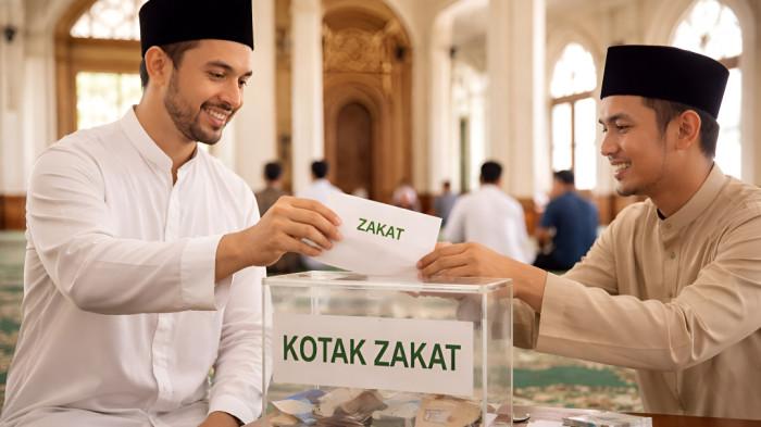 BAYAR ZAKAT- Ilustrasi seorang pria saat membayar zakat di masjid.