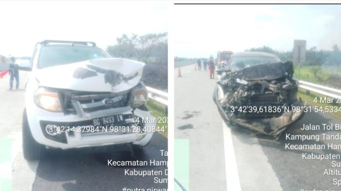 LAKALANTAS - Kondisi 2 mobil pribadi terlibat kecelakaan beruntun di ruas tol Binjai - Langsa di Kilometer 25+400 B, Rabu (4/3/2026) kemarin. Dalam kecelakaan ini, sebanyak 3 kendaraan terlibat hingga mobil rusak, dan 2 orang luka-luka.
