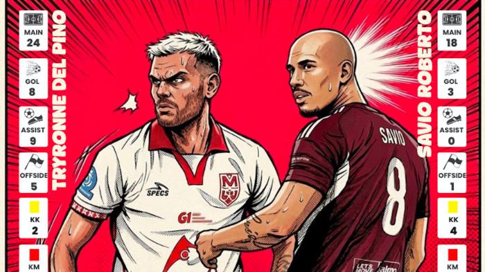 ADU KREATIF - Gelandang Malut United Tryronne del Pino (kiri) dan gelandang PSM Makassar Savio Roberto (kanan). Dua pemain ini akan berduel ketika PSM Makassar menantang Malut United di Stadion Kie Raha, Kota Ternate, Maluku Utara, Sabtu (7/3/2026) pukul 20.00 Wita.