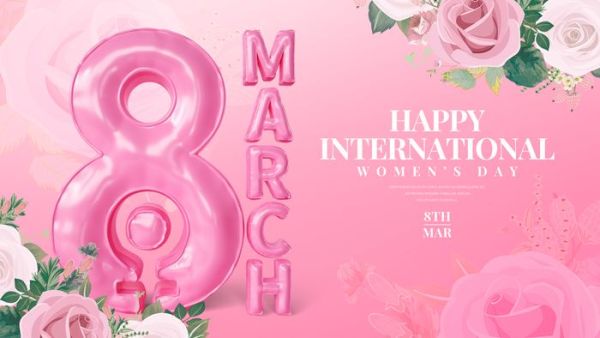 This may contain: a pink 8 march poster with roses and flowers
