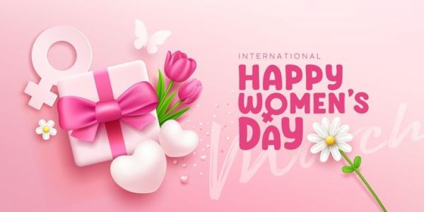 This may contain: international women's day greeting card with gift box, flowers and butterfly on pink background