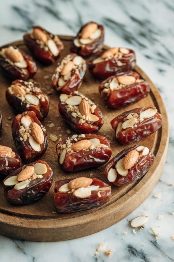 This may contain: dates with almonds and nuts on a wooden platter