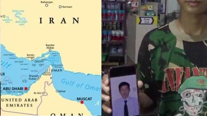 HILANG KONTAK - (kiri) Selat Hormuz berada di antara Oman dan Iran. (kanan) Salah seorang anak Kapten Miswar, Muhammad Hayatullah Miswar memegang ponsel untuk melihat foto orang tuanya. CAPT Miswar Maturusi beralamt di Desa Pattedong, Kecamatan Ponrang Selatan, Kabupaten Luwu, Sulawesi Selatan, Sabtu (7/3/2026).