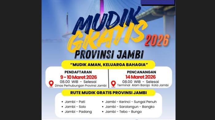 MUDIK GRATIS - Mudik gratis 2026 Provinsi Jambi. Pendaftaran mudik gratis di Jambi dibuka hari ini, Senin, 9 Maret 2026 hingga besok, Selasa, 10 Maret 2026.