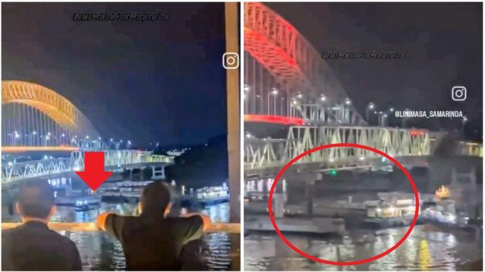 JEMBATAN MAHAKAM DITABRAK - Video viral kapal tabrak Jembatan Mahakam I Samarinda pada 8 Maret 2026. Getaran benturan disebut terasa hingga Hotel Harris Samarinda.