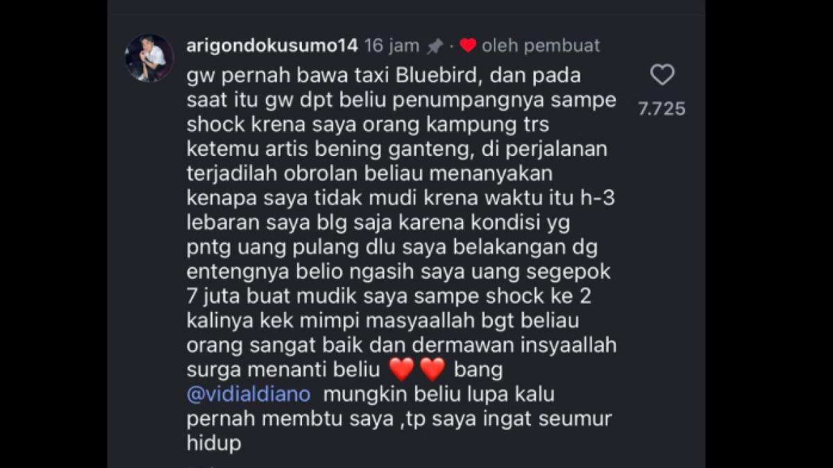 VIDI ALDIANO MENINGGAL - Cerita kebaikan Vidi Aldiano semasa hidup kini beredar. Suami Sheila Dara Aisha ternyata pernah beri uang Rp7 juta secara cuma-cuma agar driver taksi bisa mudik.